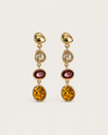 Pair of tiered drop earrings with clear, red and golden-brown accents in gold-tone frames, shown together.
