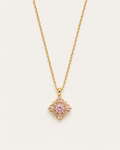 Gold-tone necklace with a pink flower pendant, front view of the petal cluster.