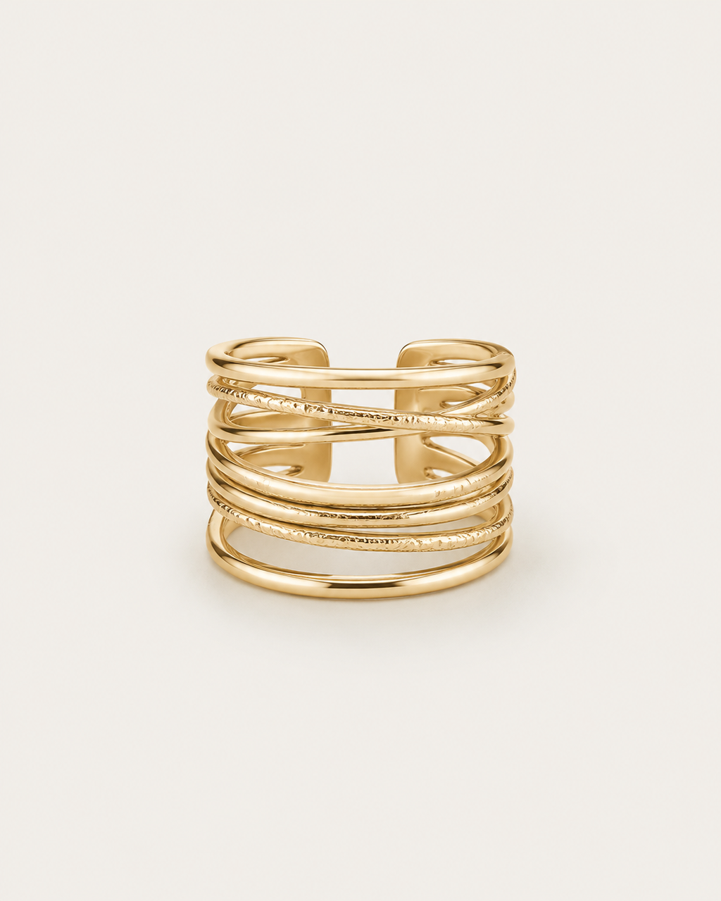 Gold-tone ring with multiple crisscrossing rails, front view.