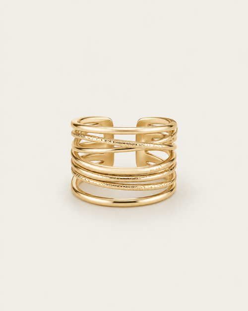 Gold-tone ring with multiple crisscrossing rails, front view.
