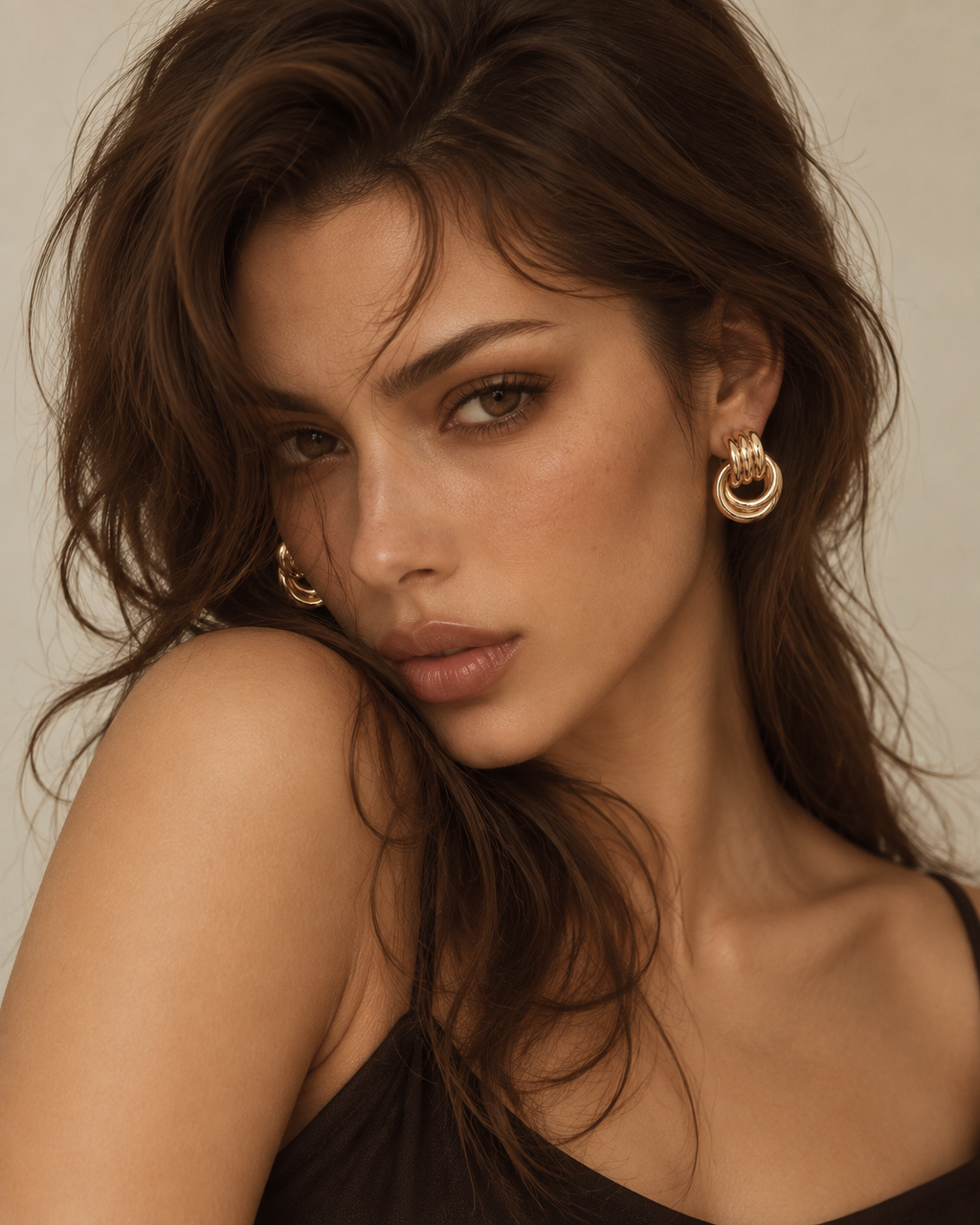 Gold-tone circle drop earrings worn in a portrait.