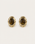 Pair of brown oval stud earrings with hammered gold-tone frames, shown together.
