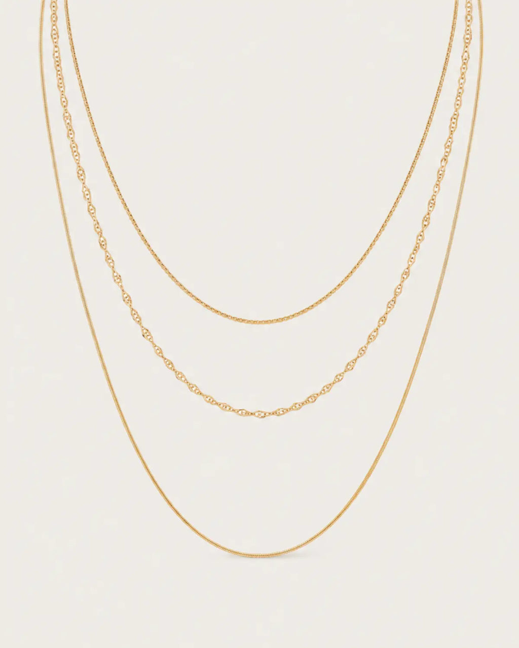 Set of three gold-tone chain necklaces in graduated lengths, displayed together.