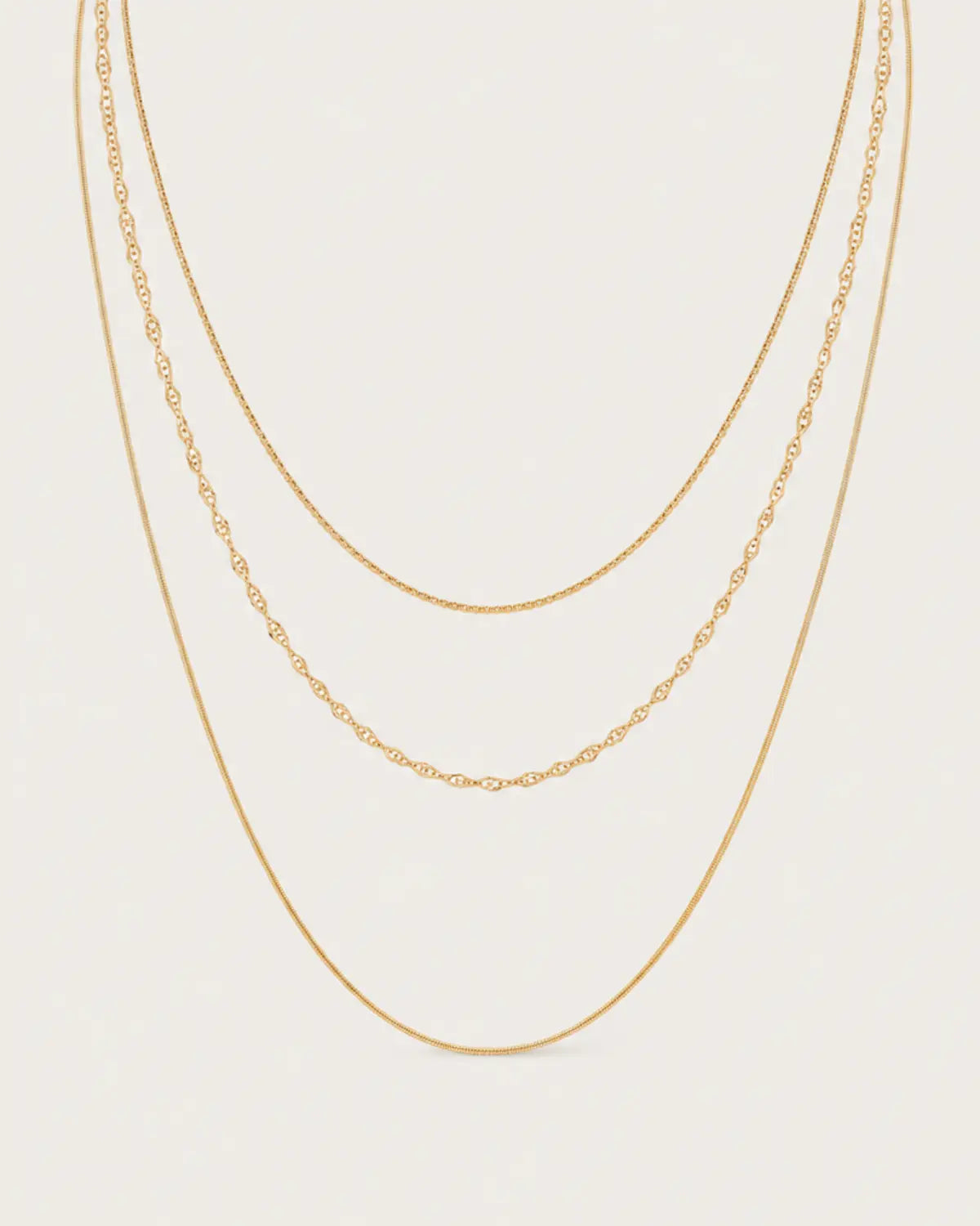 Set of three gold-tone chain necklaces in graduated lengths, displayed together.