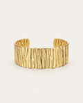 Wide gold-tone cuff bangle with a bark-like texture, front view.