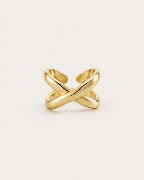 Gold-tone open ring with chunky crossover bands, front view.