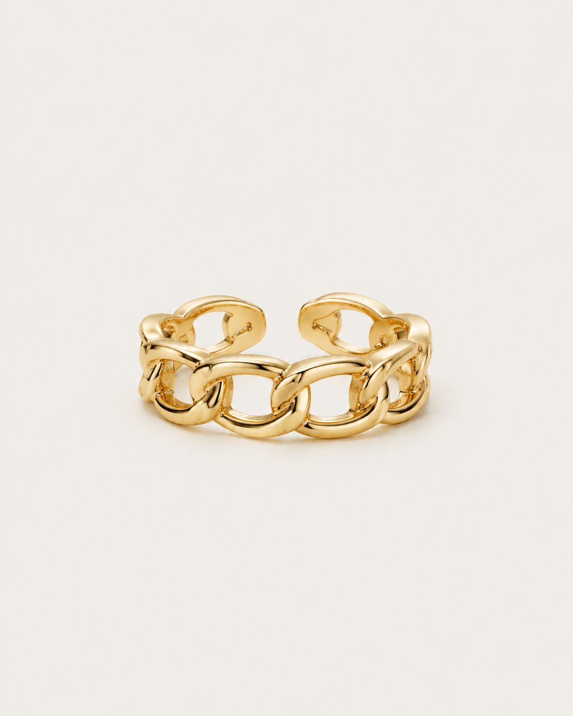 Gold-tone open ring with oval chain links, front view.