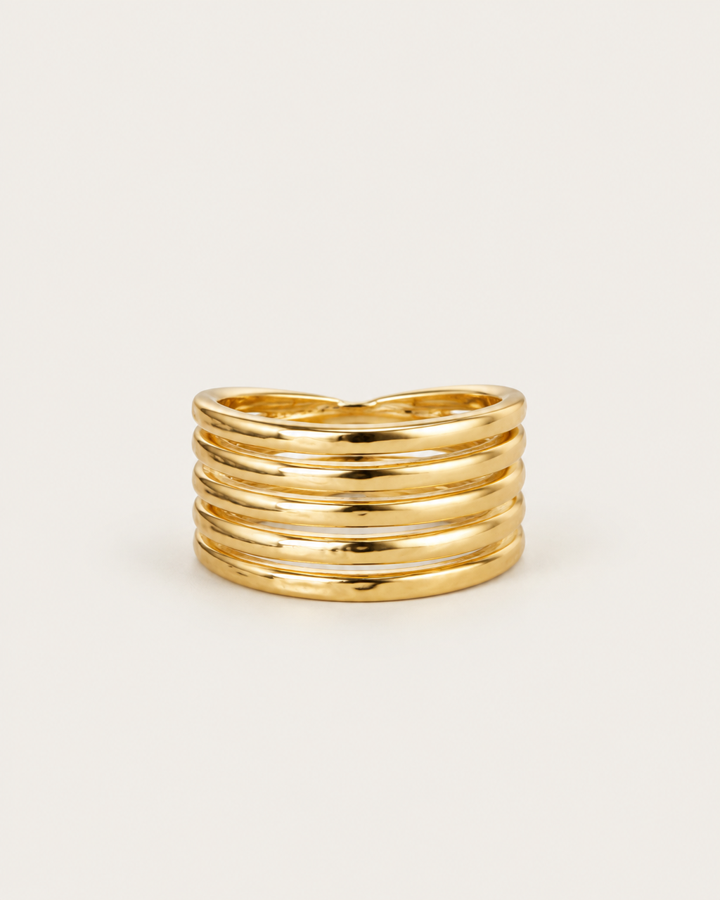 Gold-tone open band ring with multiple parallel rails, front view.