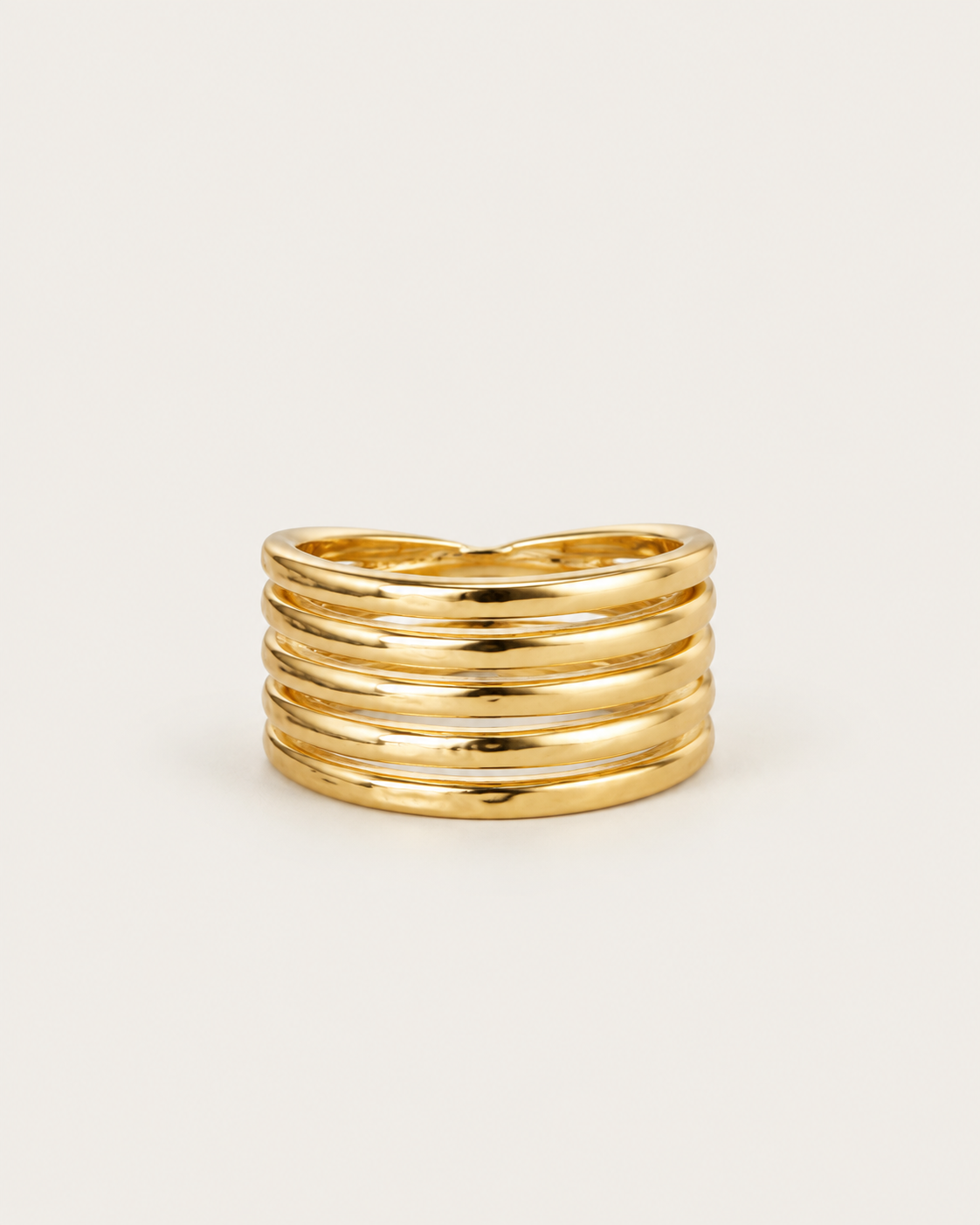 Gold-tone open band ring with multiple parallel rails, front view.