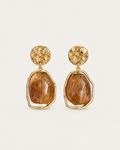 Pair of faceted brown drop earrings with gold-tone frames and textured round tops, shown together.