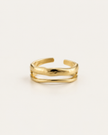Gold-tone ring with two uneven connected bands, front view of the open back.