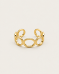 Gold-tone open band ring with linked geometric loops, front view.