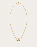Gold-tone necklace with two interlocking circle pendants, front view.