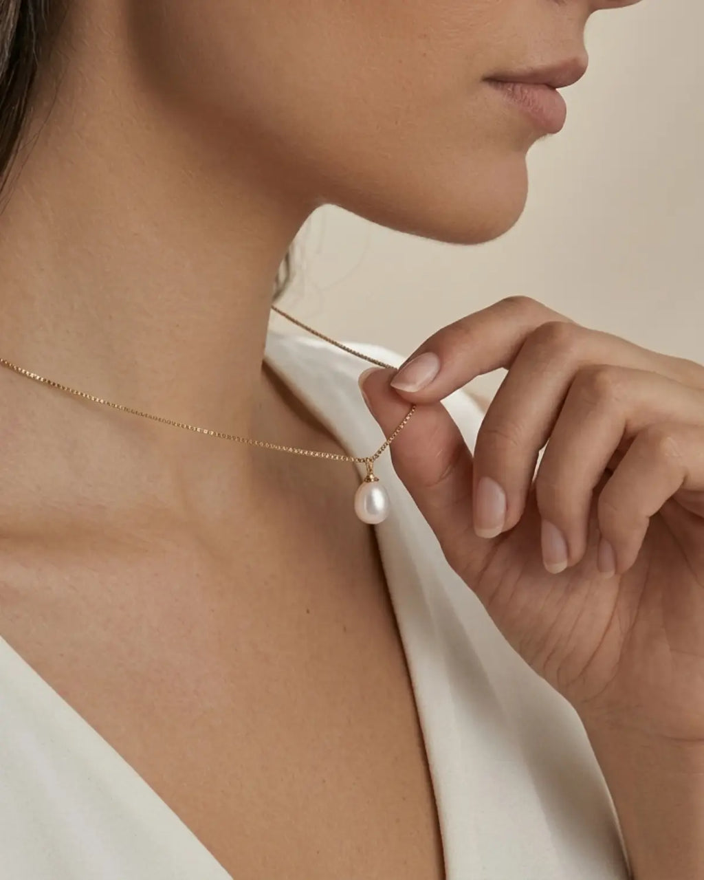 Gold-tone necklace with a white drop pendant, pendant held between fingers while worn.