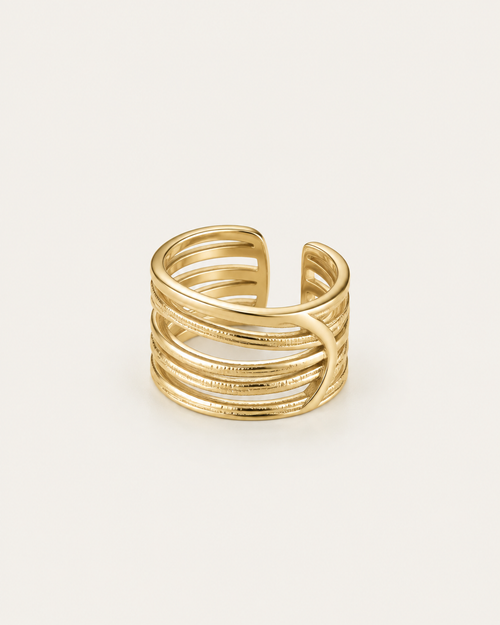 Gold-tone ring with multiple crisscrossing rails, angled view showing the open back.