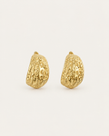 Pair of broad gold-tone hoop earrings with an irregular textured surface, shown together.