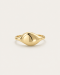 Gold-tone ring with an asymmetric domed front, front view.