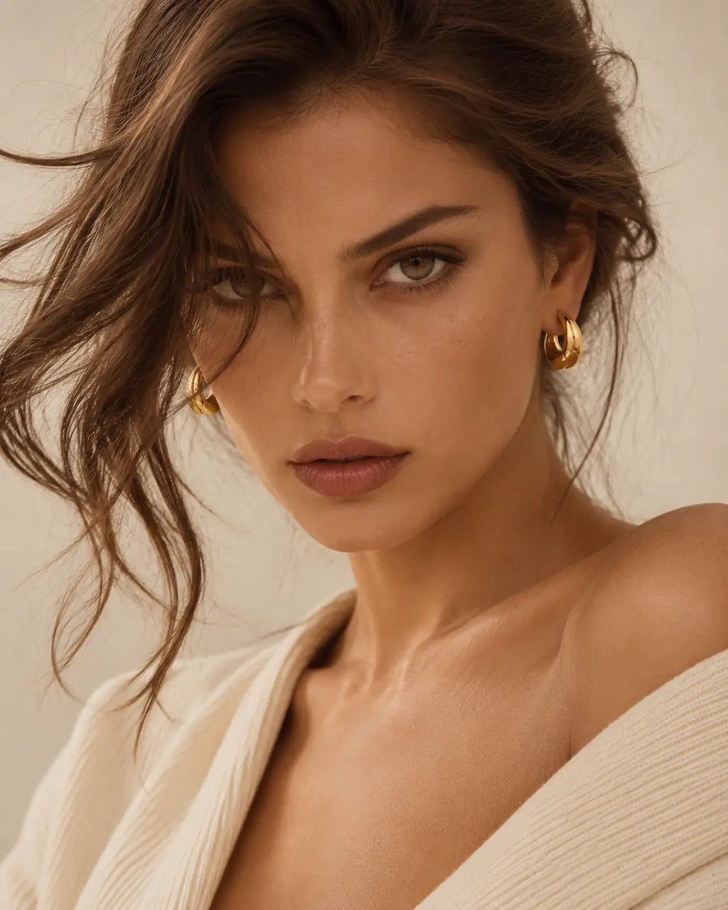 Sculptural gold-tone teardrop hoop earrings worn in a portrait.
