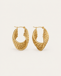 Pair of gold-tone oval hoop earrings with a woven pattern, shown together.