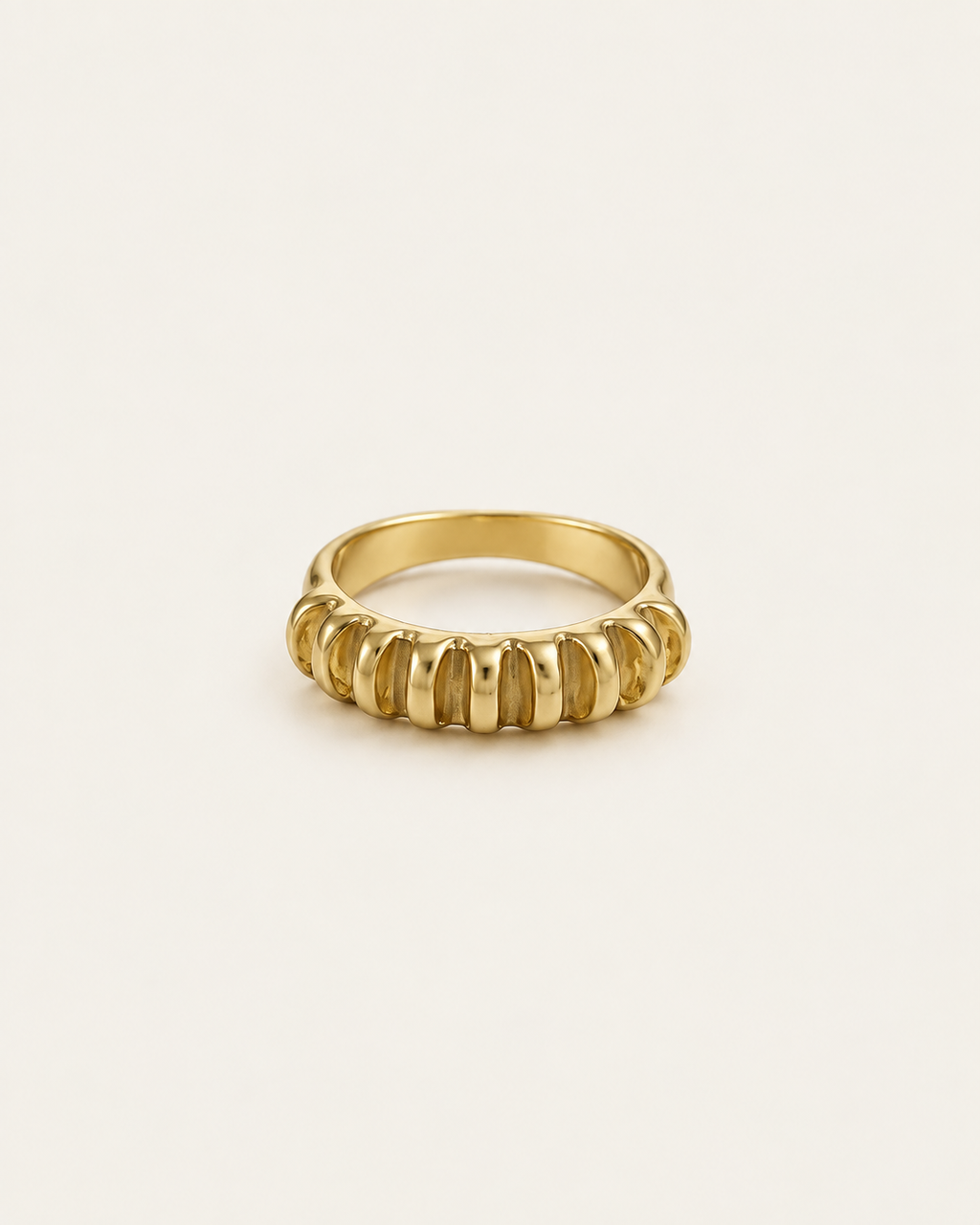 Gold-tone band ring with rounded vertical fluting, front view.