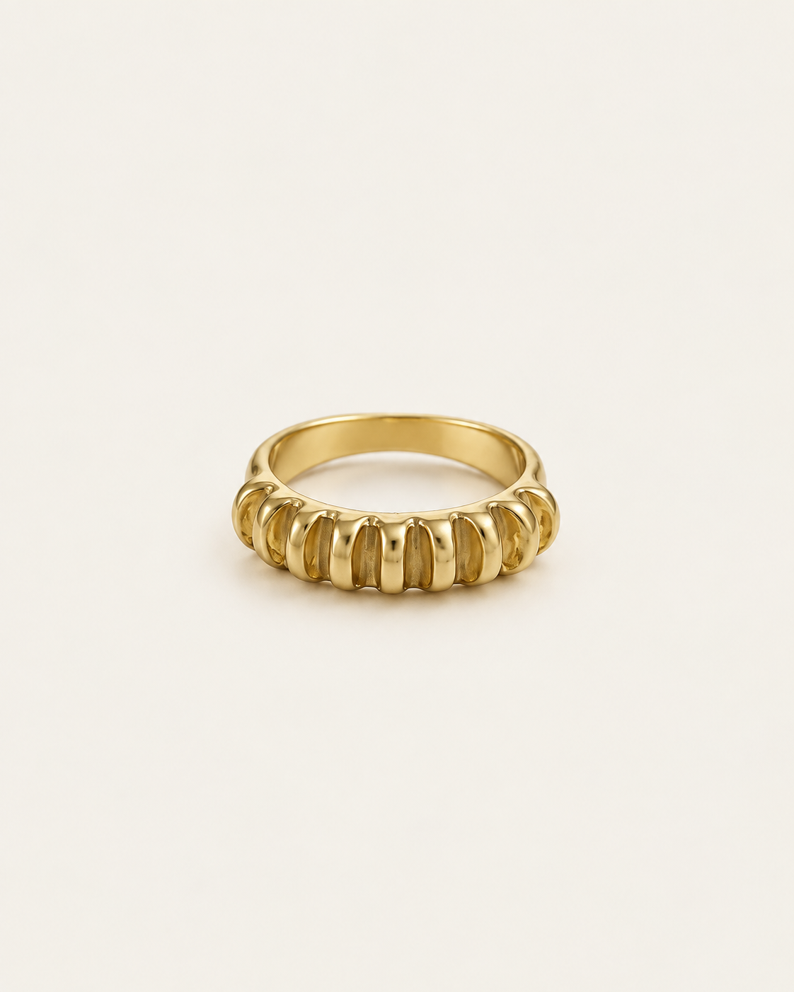 Gold-tone band ring with rounded vertical fluting, front view.