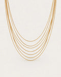 Gold-tone necklace with multiple fine chain strands in graduated lengths, displayed with its joined fastening.
