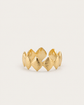 Gold-tone band ring with textured rhombus-shaped motifs, front view.