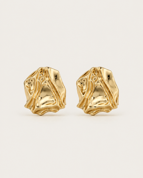 Pair of gold-tone crumpled stud earrings with irregular folds, shown together.