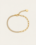 Gold-tone bracelet combining paperclip links and a row of clear stone accents, laid out with its extension chain.
