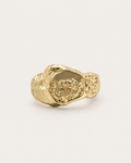 Gold-tone signet ring with an irregular molten-like texture, front view.