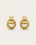 Pair of gold-tone circle drop earrings with small linked upper sections, shown together.