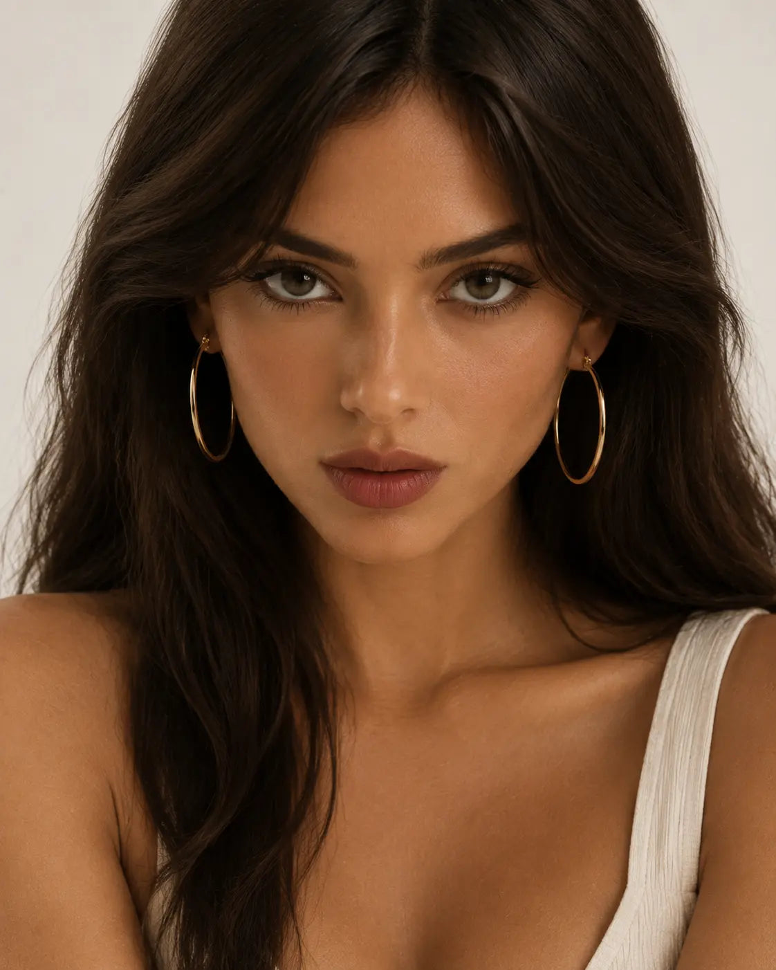 Slim gold-tone hoop earrings worn in a front-facing portrait.