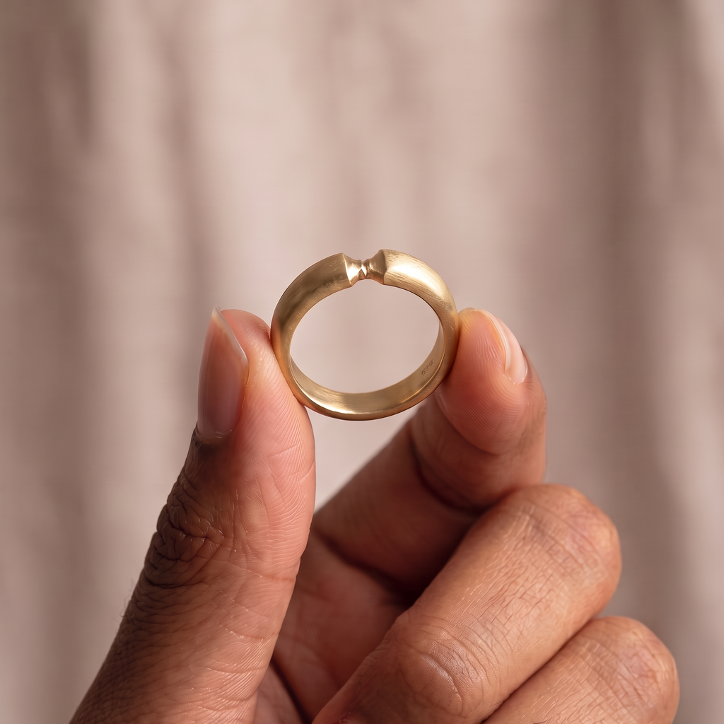 Gold-tone ribbon-knot ring held between fingertips, showing the inside of the band.
