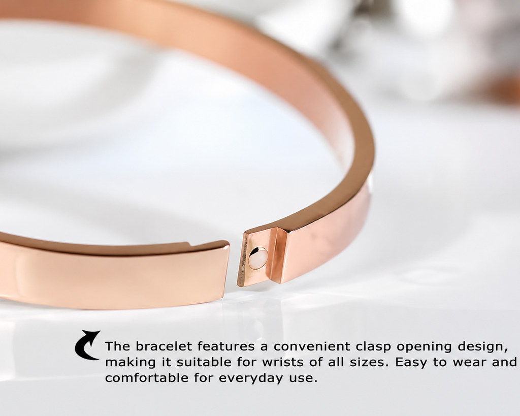 Instruction image showing an open bangle clasp, with an arrow pointing to the fastening.