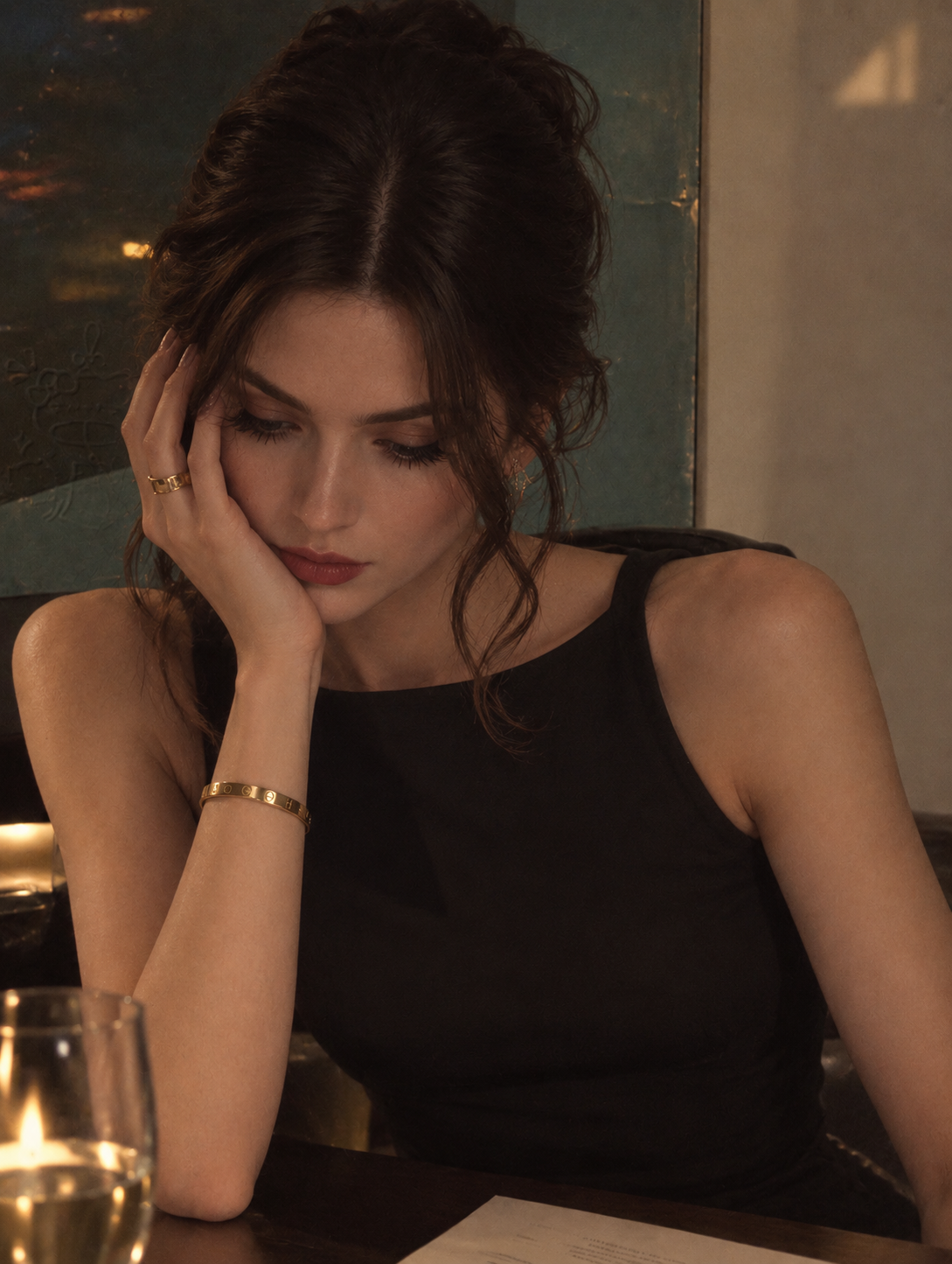 Woman wearing gold jewelry in an evening setting