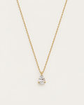 Gold-tone chain necklace with a single pear-shaped clear stone pendant.