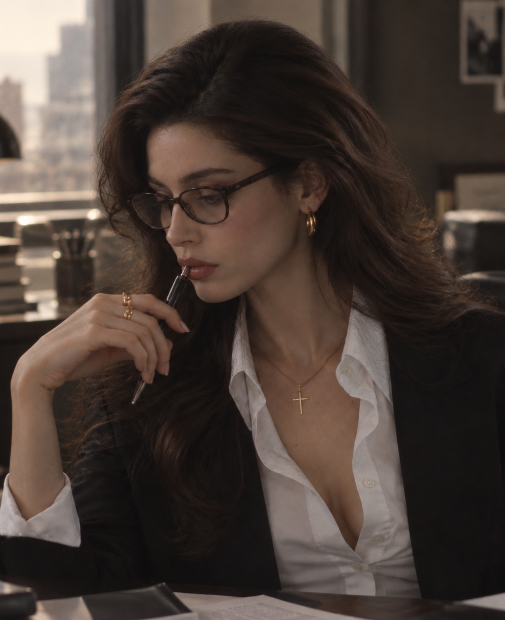 Woman wearing gold jewelry in a daytime office setting